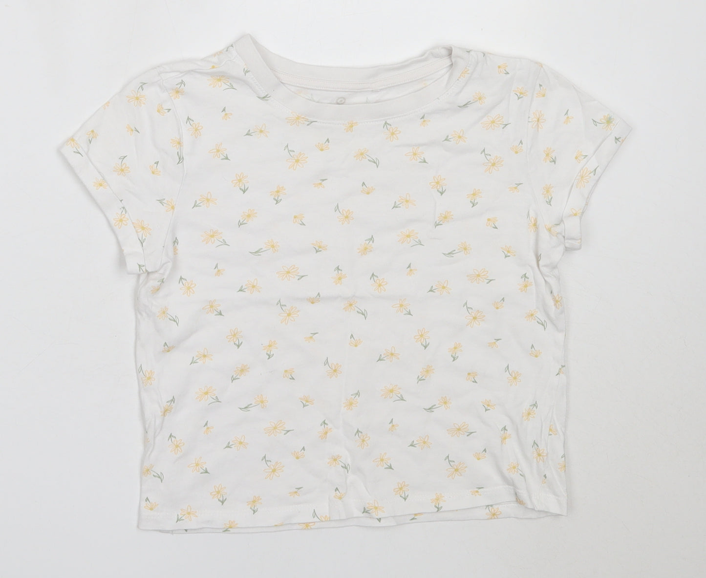 Preworn Girls White Floral Cotton Basic T-Shirt Size 8 Years Round Neck