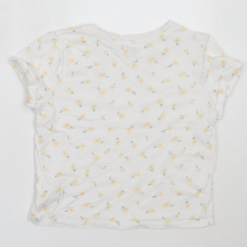 Preworn Girls White Floral Cotton Basic T-Shirt Size 8 Years Round Neck