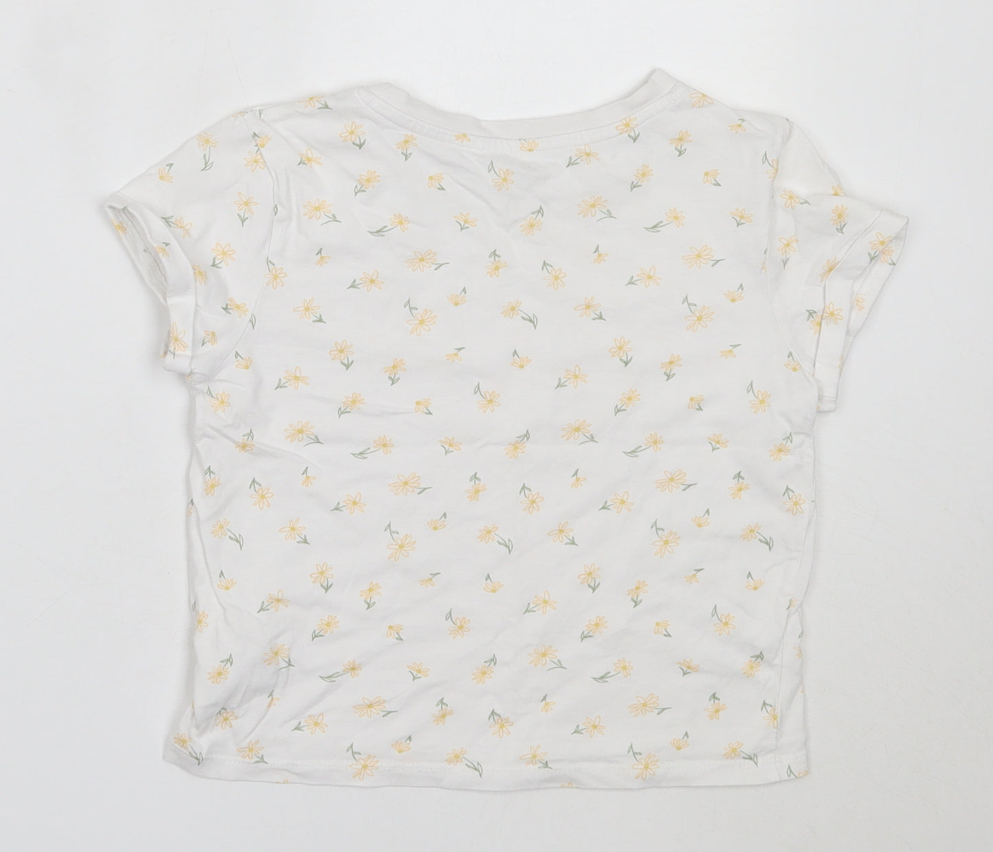 Preworn Girls White Floral Cotton Basic T-Shirt Size 8 Years Round Neck