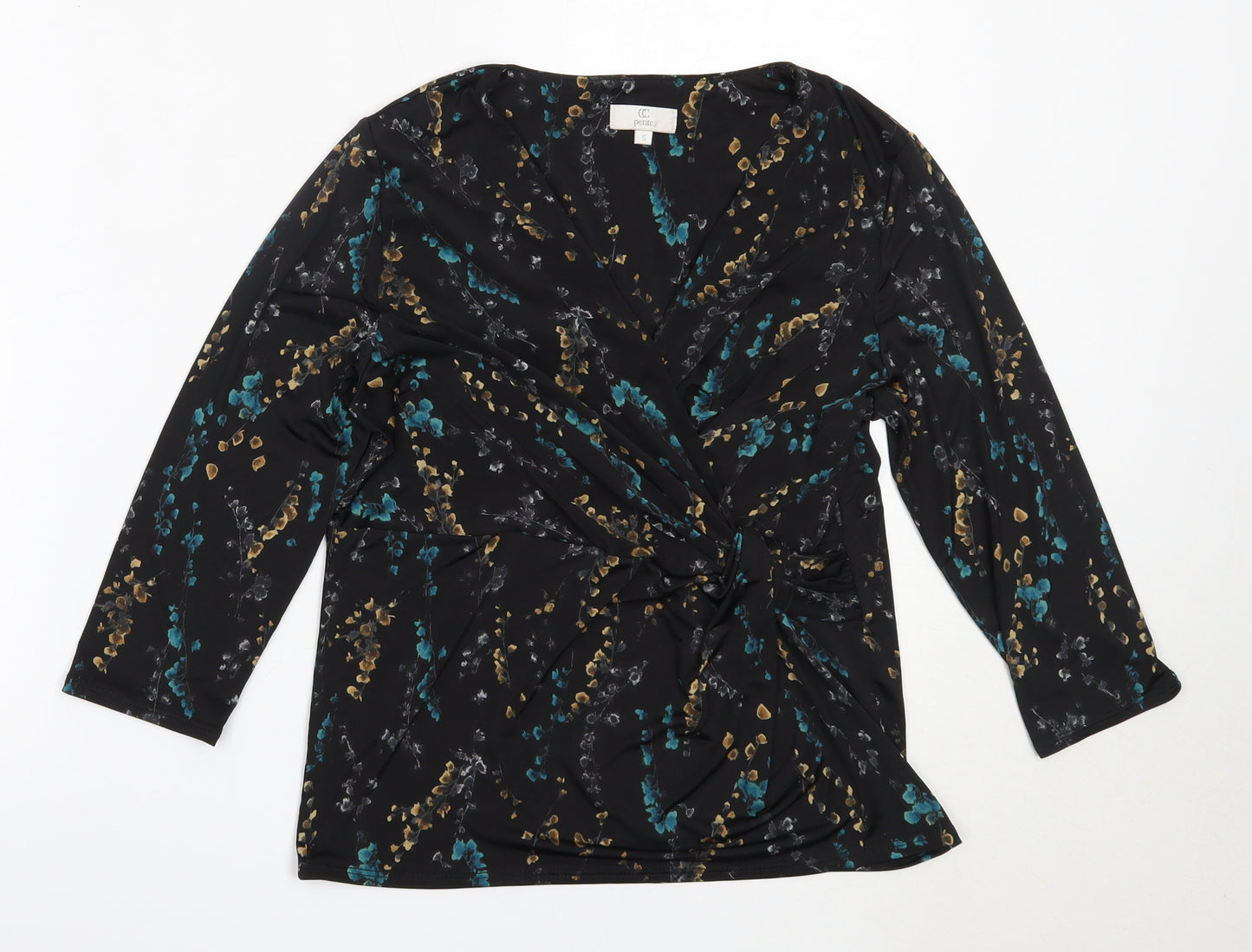 Country Casuals Womens Black Floral Polyester Basic Blouse Size S V-Neck