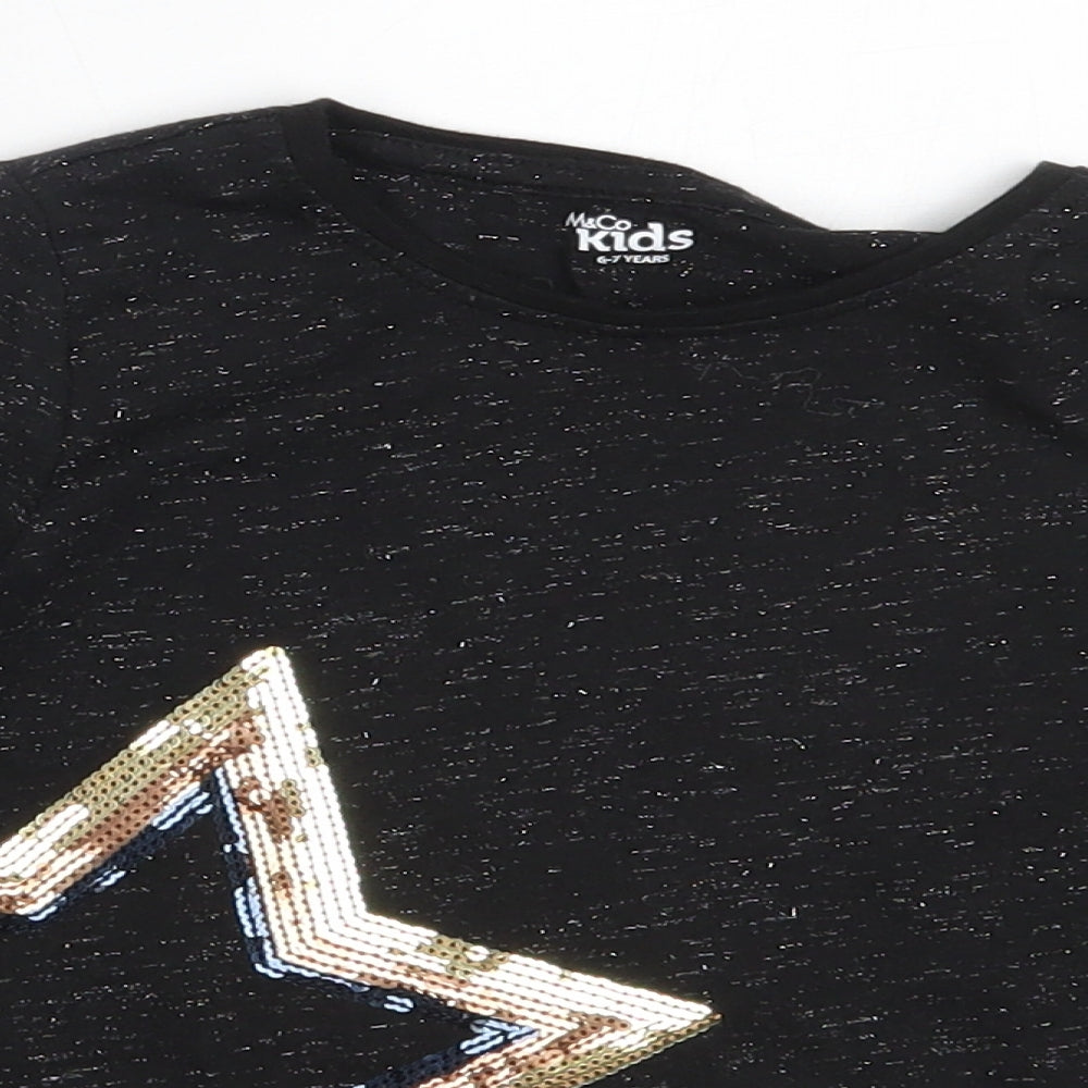 M&Co Girls Black  Polyester Basic T-Shirt Size 6-7 Years Round Neck