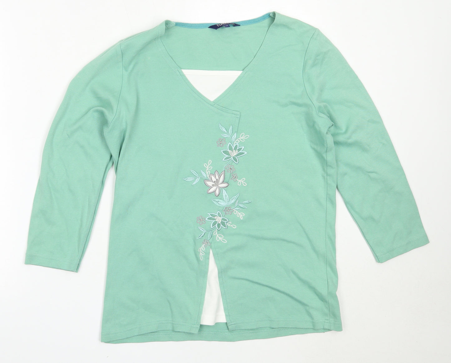 Tulchan Womens Green  Cotton Basic T-Shirt Size M V-Neck