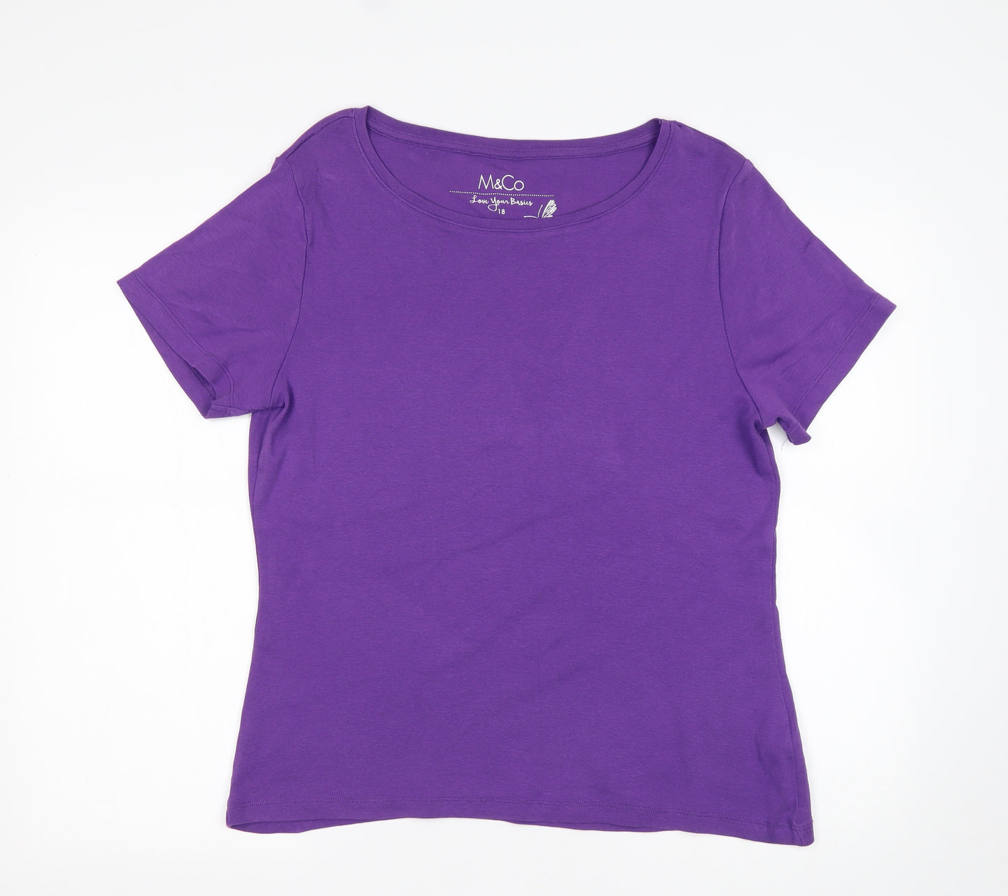 M&Co Womens Purple  Cotton Basic T-Shirt Size 18 Round Neck