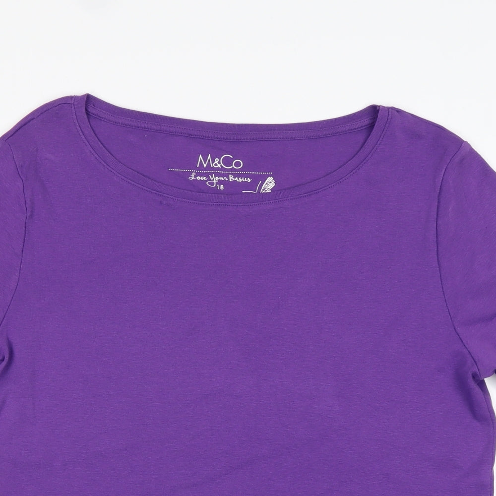 M&Co Womens Purple  Cotton Basic T-Shirt Size 18 Round Neck