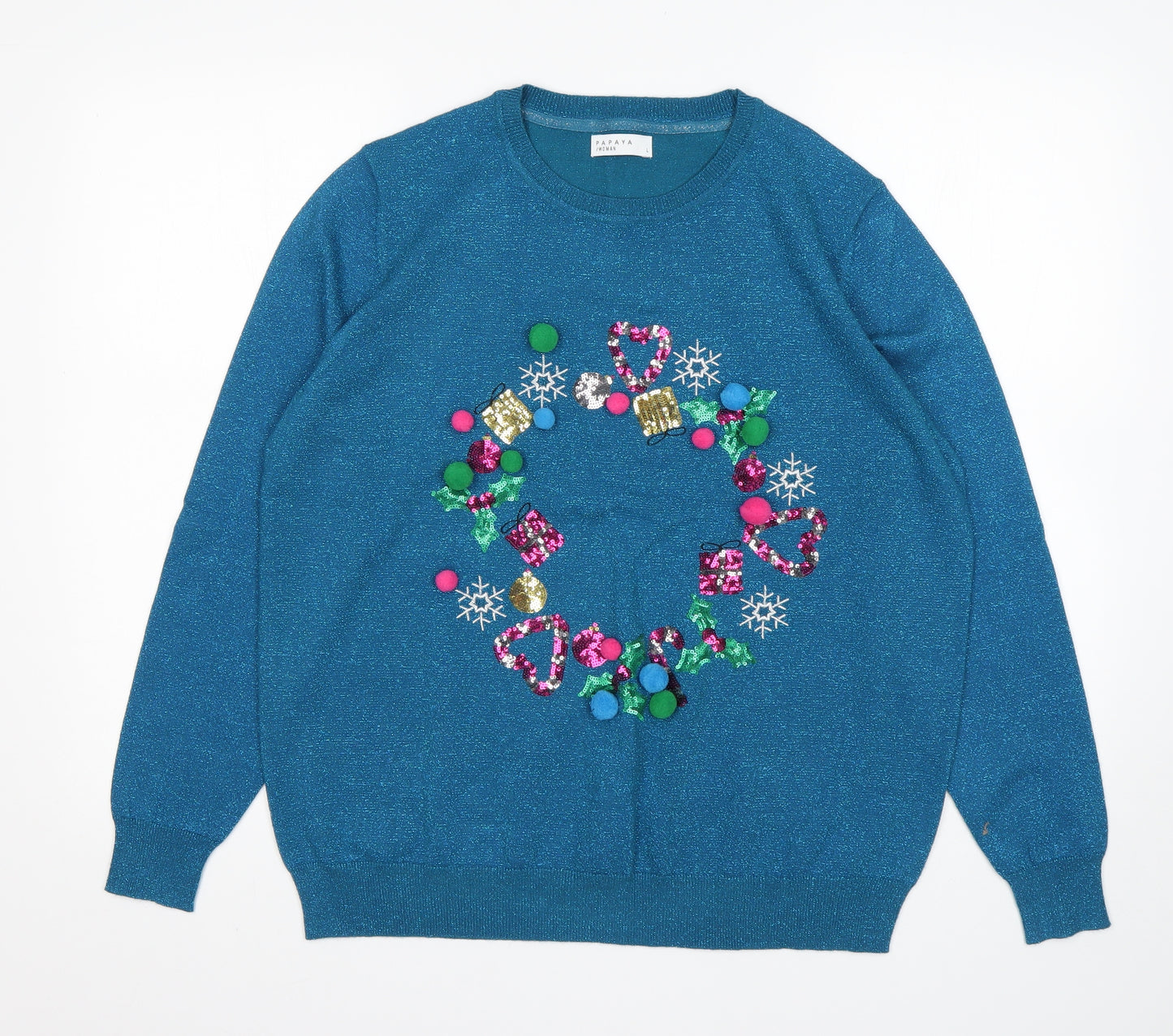 Papaya Womens Blue Round Neck  Viscose Pullover Jumper Size L   - Christmas