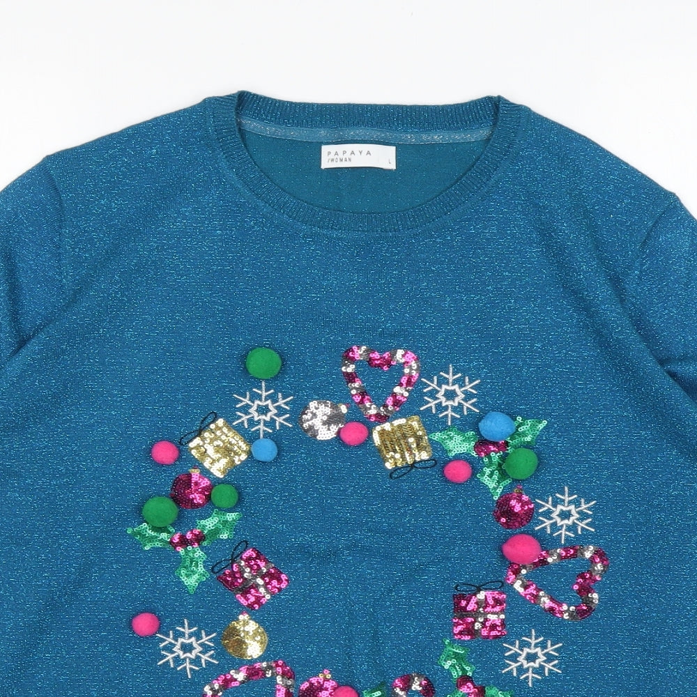 Papaya Womens Blue Round Neck  Viscose Pullover Jumper Size L   - Christmas