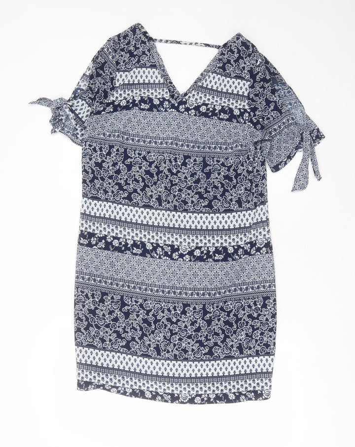 Peacocks Womens Blue Floral Polyester Shift Size 12 V-Neck