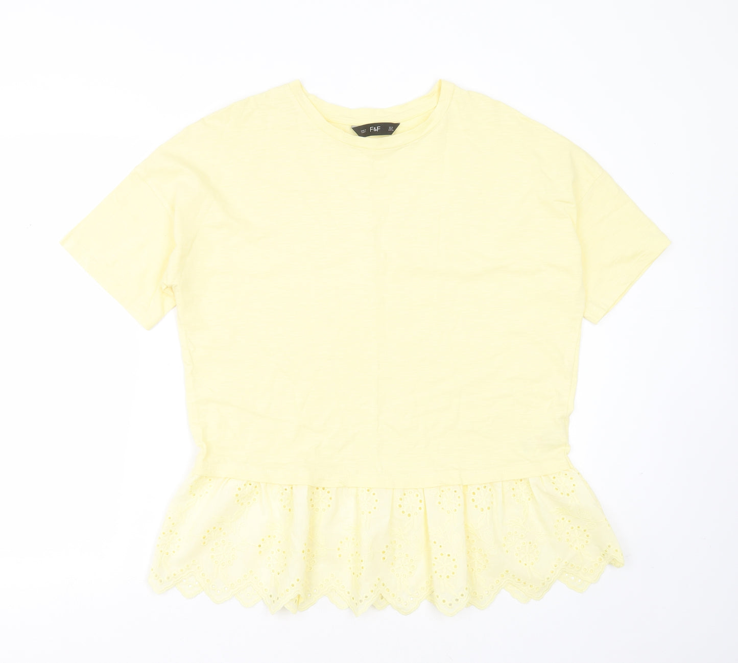 F&F Womens Yellow  Cotton Basic T-Shirt Size 12 Round Neck - crochet detail