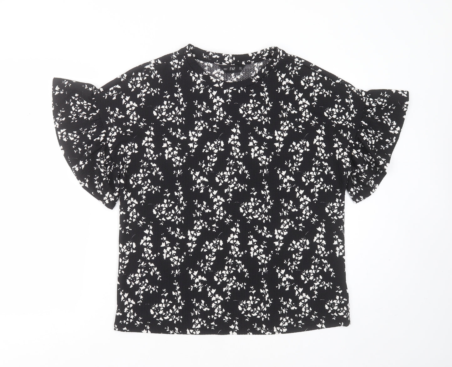 F&F Womens Black Floral Polyester Basic Blouse Size 12 Round Neck - leaf print