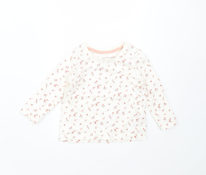 Primark Girls Ivory Floral Cotton Basic T-Shirt Size 6-9 Months Round Neck