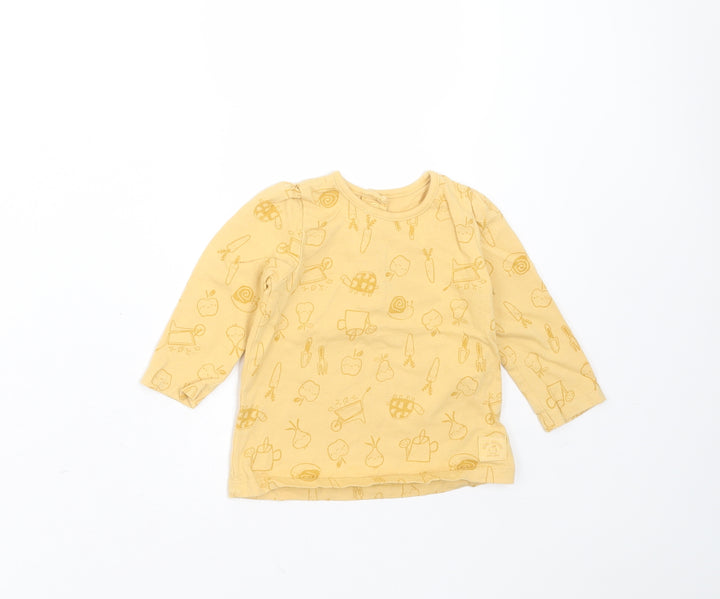 George Girls Yellow  Cotton Basic T-Shirt Size 6-9 Months Round Neck  - apple, snail