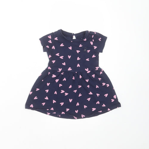 Mothercare Girls Blue  Cotton T-Shirt Dress  Size 9-12 Months  Round Neck  - Heart pattern