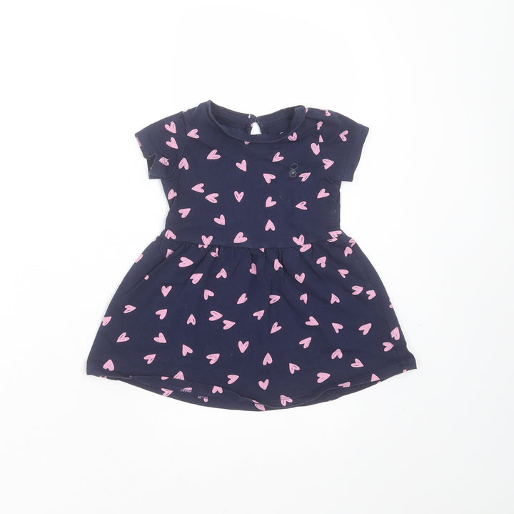 Mothercare Girls Blue  Cotton T-Shirt Dress  Size 9-12 Months  Round Neck  - Heart pattern