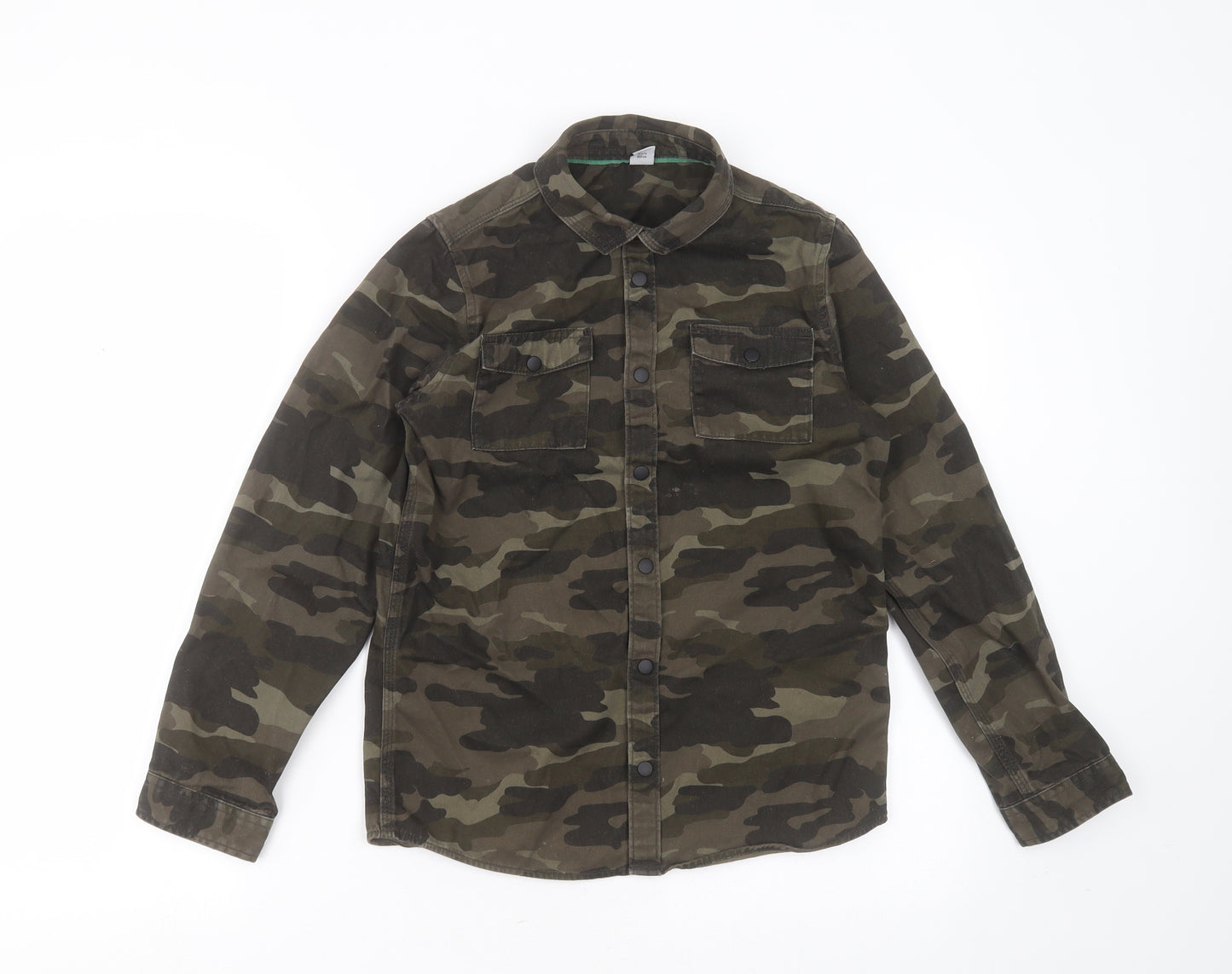 TU Boys Green Camouflage Cotton Basic Button-Up Size 12 Years Collared Button