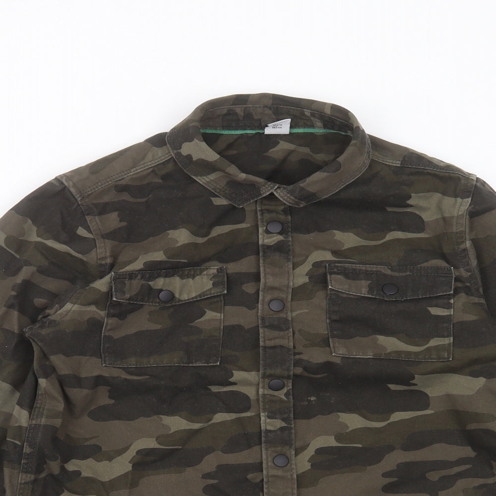 TU Boys Green Camouflage Cotton Basic Button-Up Size 12 Years Collared Button