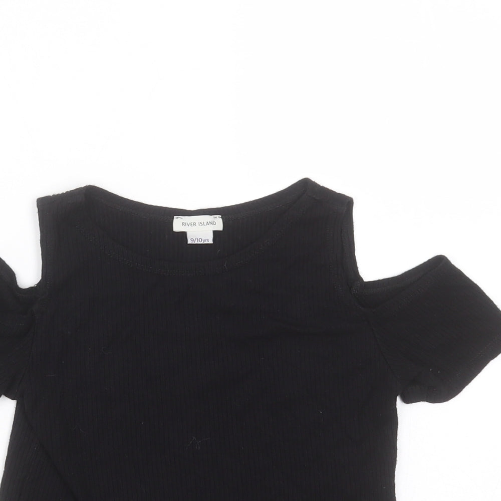 River Island Girls Black  Polyester Blend Basic T-Shirt Size 9-10 Years Round Neck  - cold shoulder