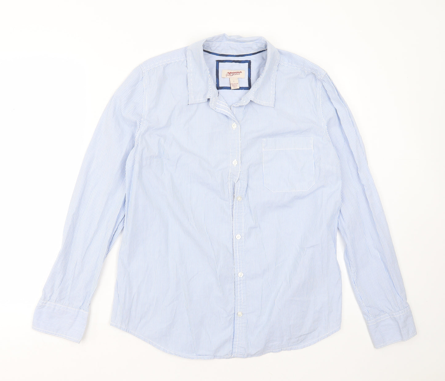Arizona Jeans Womens Blue Striped Cotton Basic Button-Up Size L Collared