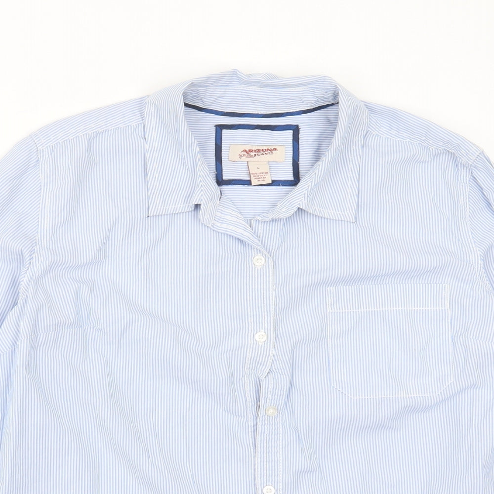 Arizona Jeans Womens Blue Striped Cotton Basic Button-Up Size L Collared