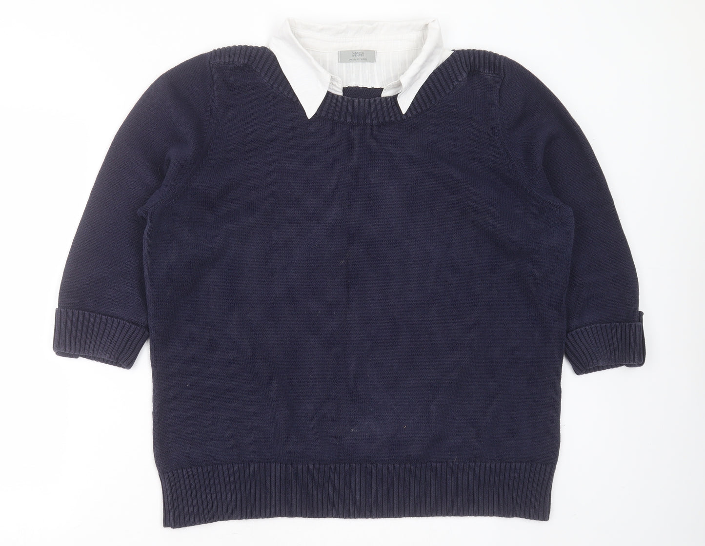 Marks and Spencer Womens Blue Collared  Cotton Pullover Jumper Size 24