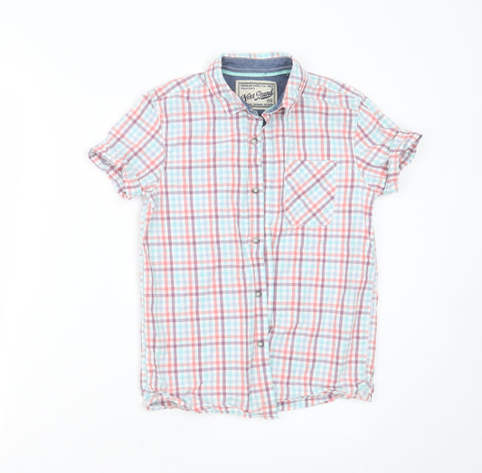 Front view of Next boys’ multicoloured check cotton basic button-up, size 10, years collared button