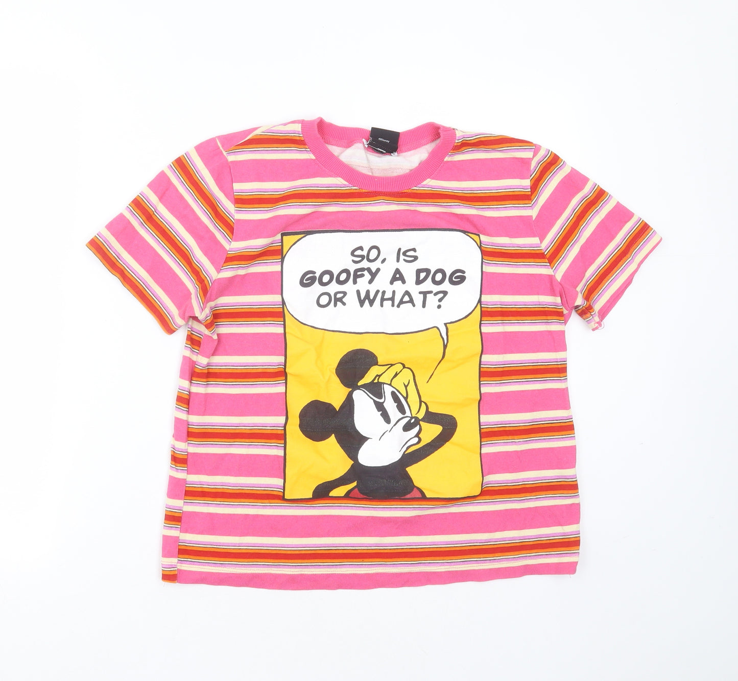 Zara Womens Pink Striped Cotton Basic T-Shirt Size L Round Neck - mickey mouse