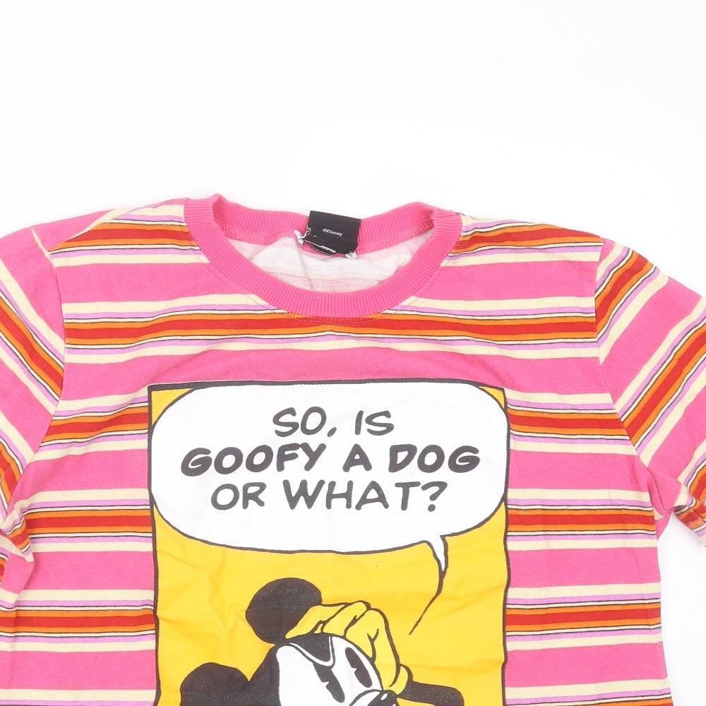 Zara Womens Pink Striped Cotton Basic T-Shirt Size L Round Neck - mickey mouse
