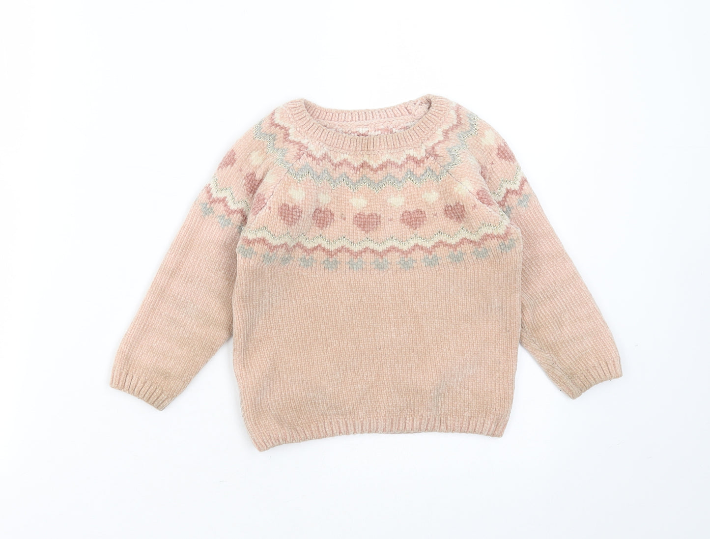 Matalan Girls Pink Round Neck Fair Isle Polyester Pullover Jumper Size 2-3 Years