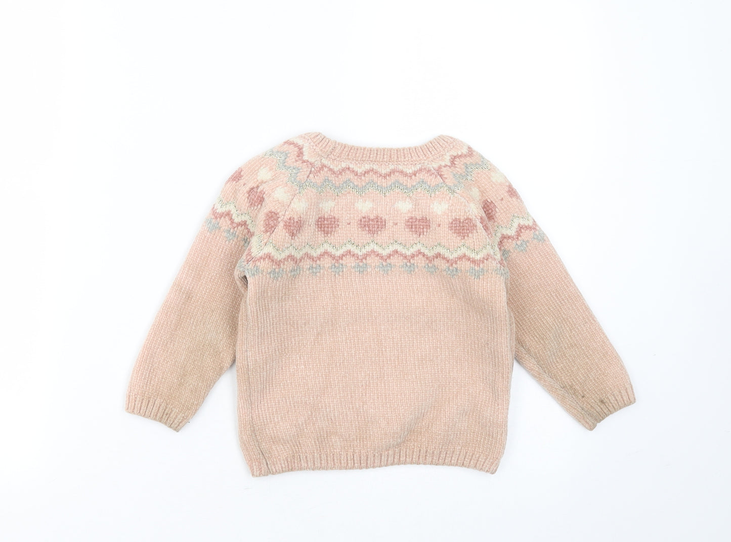 Matalan Girls Pink Round Neck Fair Isle Polyester Pullover Jumper Size 2-3 Years