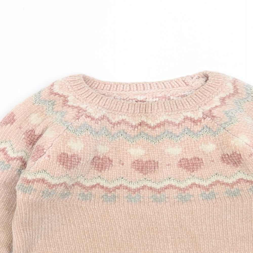 Matalan Girls Pink Round Neck Fair Isle Polyester Pullover Jumper Size 2-3 Years