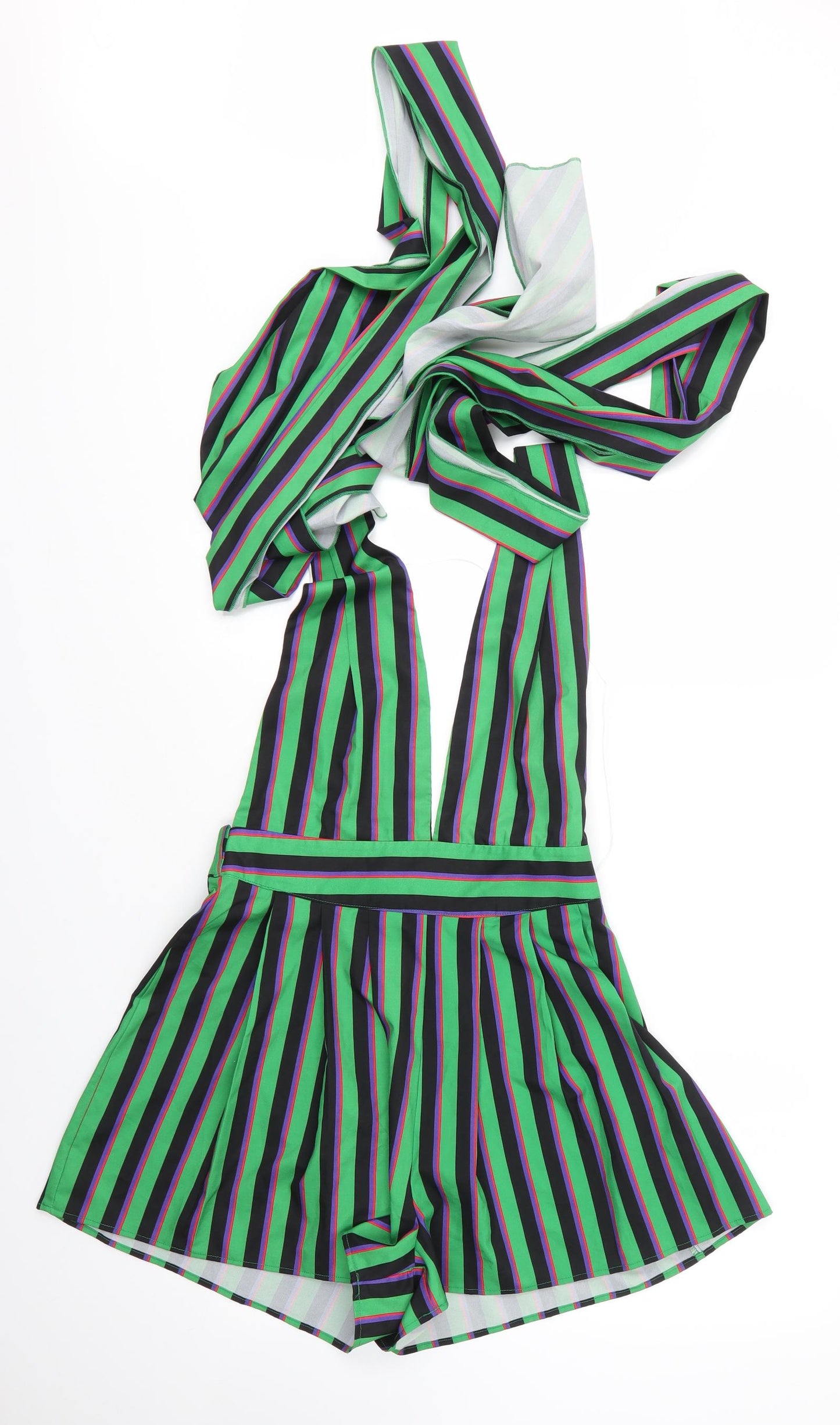 PRETTYLITTLETHING Womens Green Striped Polyester Playsuit One-Piece Size 10