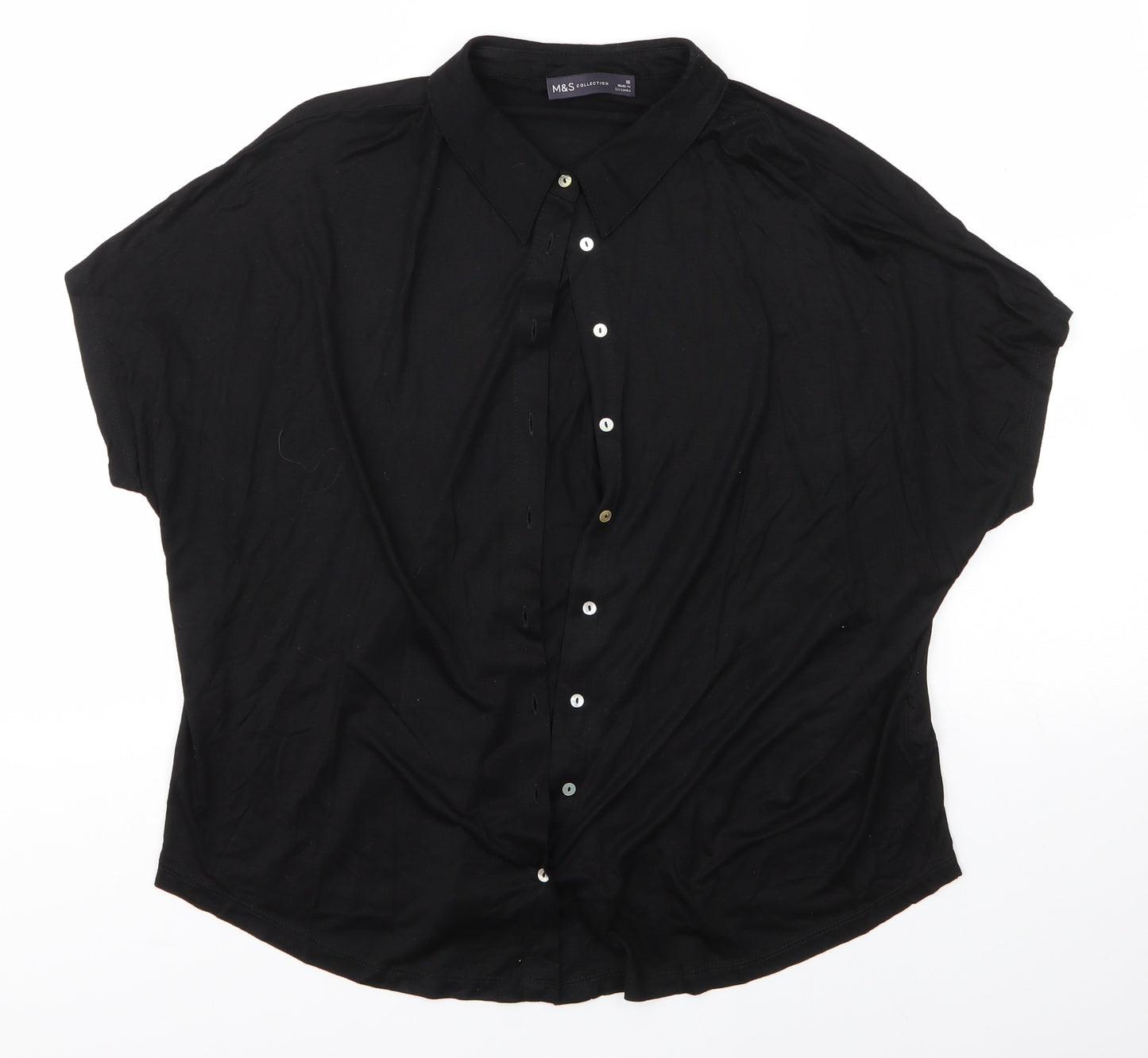 M&S Womens Black  Viscose Basic Button-Up Size 16 Collared