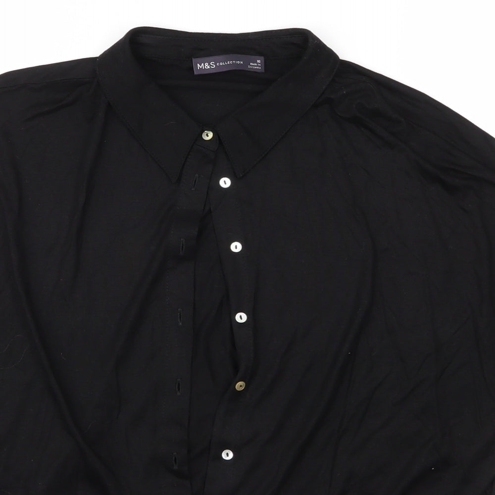 M&S Womens Black  Viscose Basic Button-Up Size 16 Collared