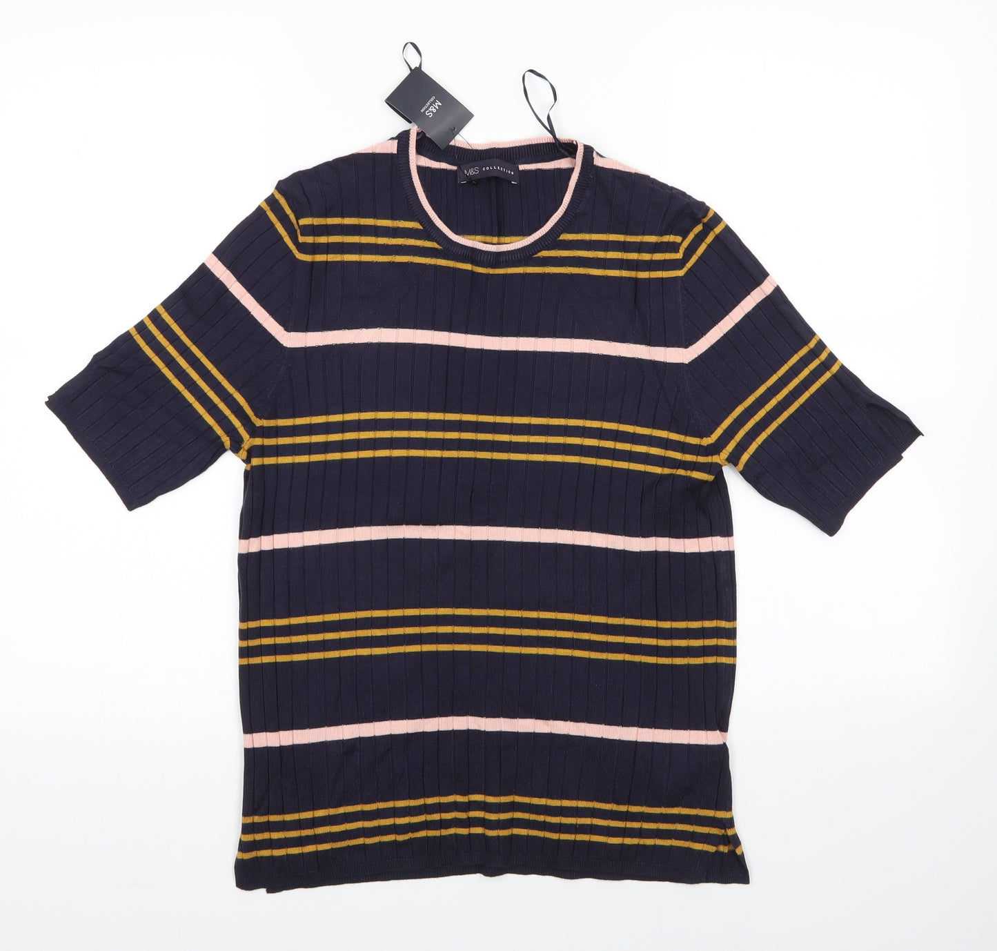 M&S Womens Multicoloured Round Neck Striped Viscose Pullover Jumper Size 16