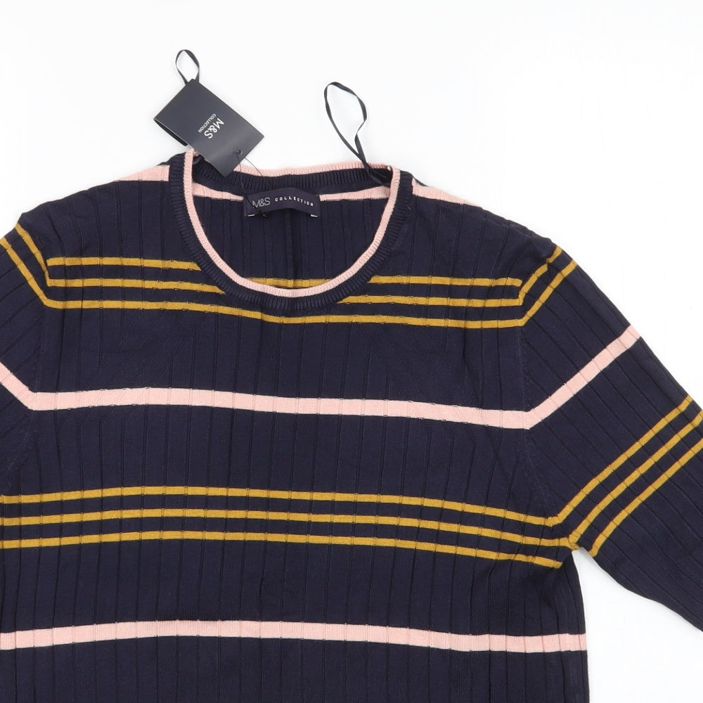 M&S Womens Multicoloured Round Neck Striped Viscose Pullover Jumper Size 16