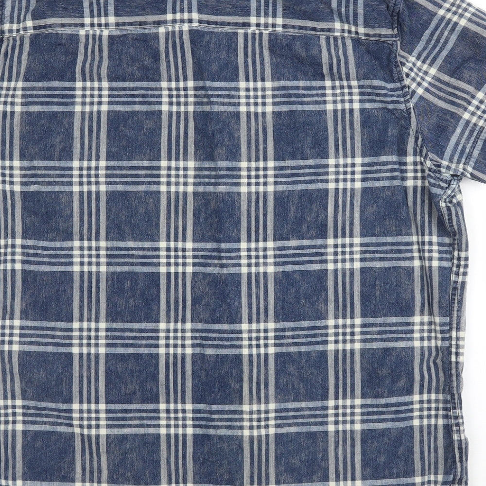 F&F Mens Blue Plaid Cotton  Button-Up Size L Collared Button