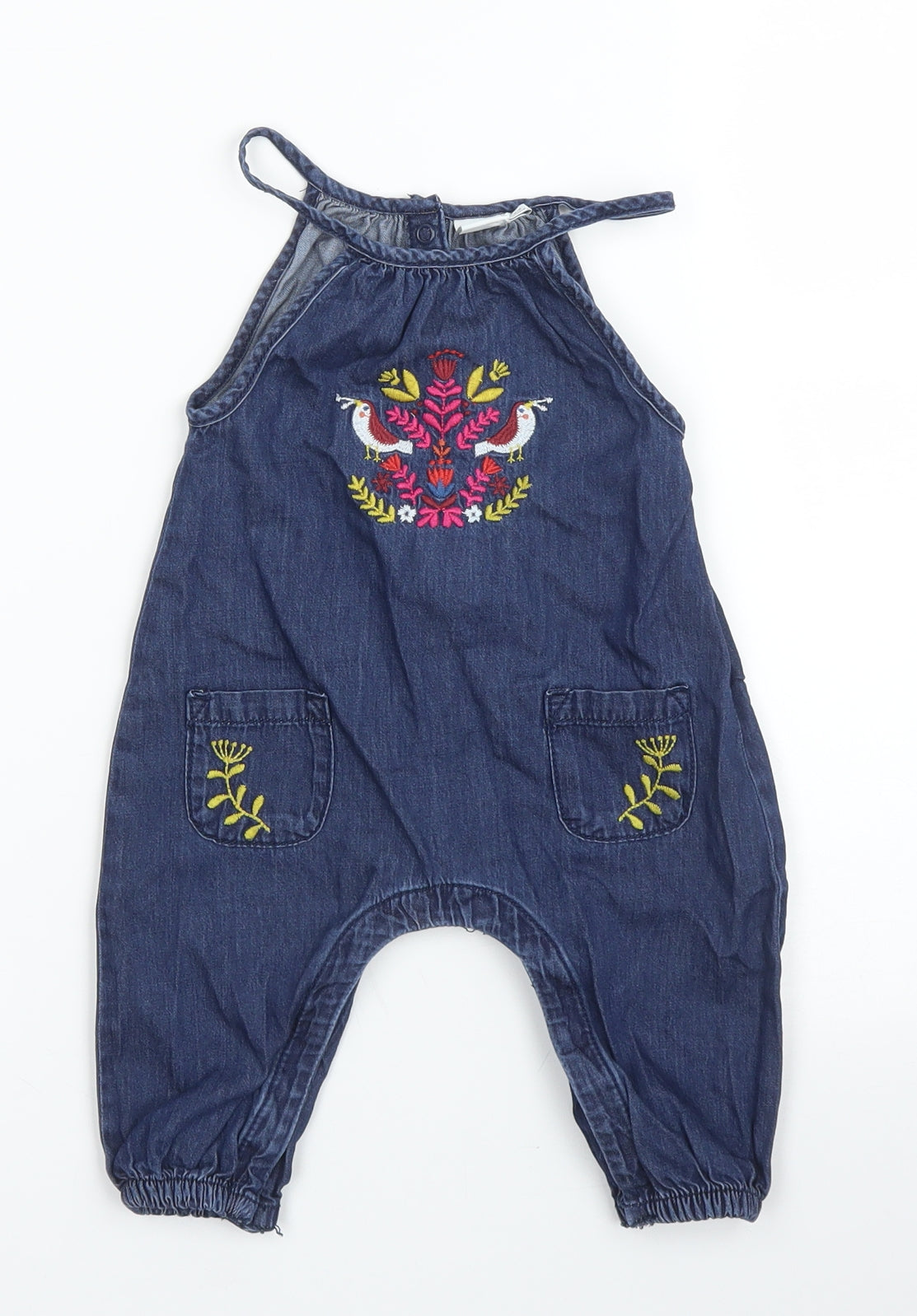 Mini Club Girls Blue Floral Cotton Dungaree One-Piece Size 3-6 Months  Snap