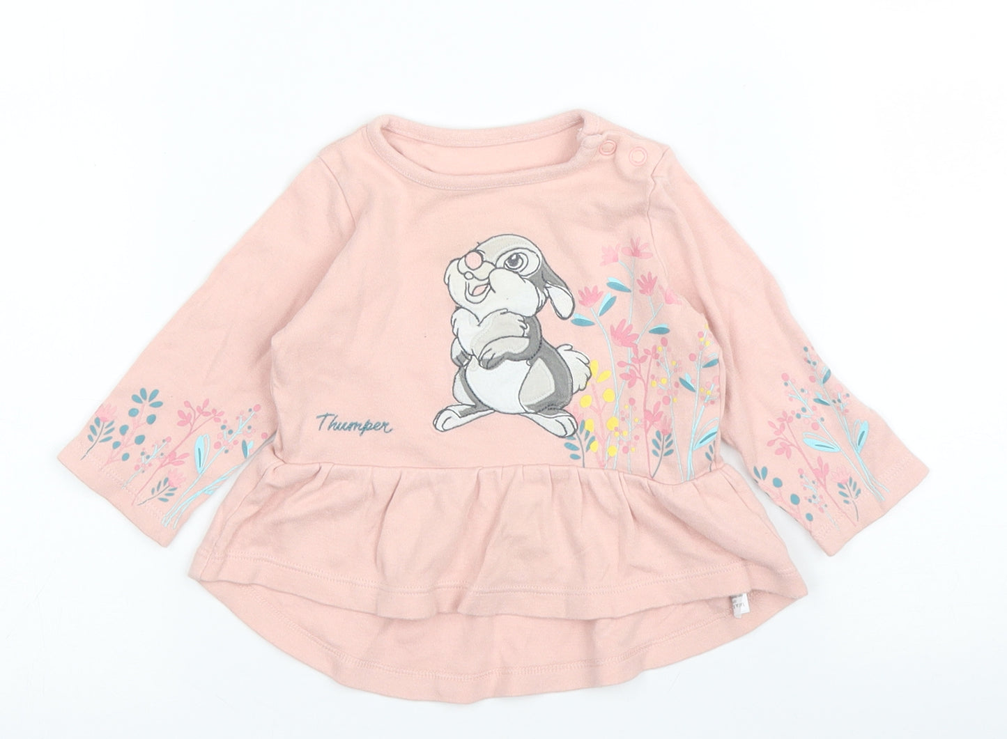 Disney Girls Pink Floral Cotton Basic Blouse Size 3-6 Months Round Neck Button - Bambi