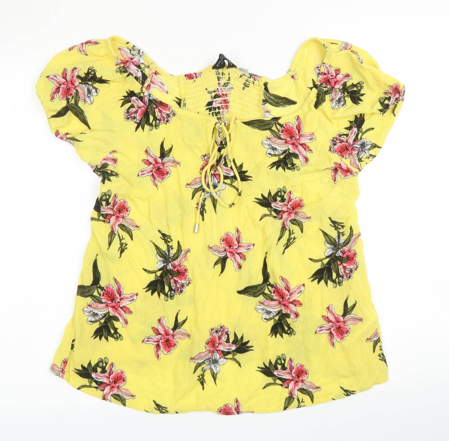 Dorothy Perkins Womens Yellow Floral Viscose Basic Blouse Size 14 Boat Neck