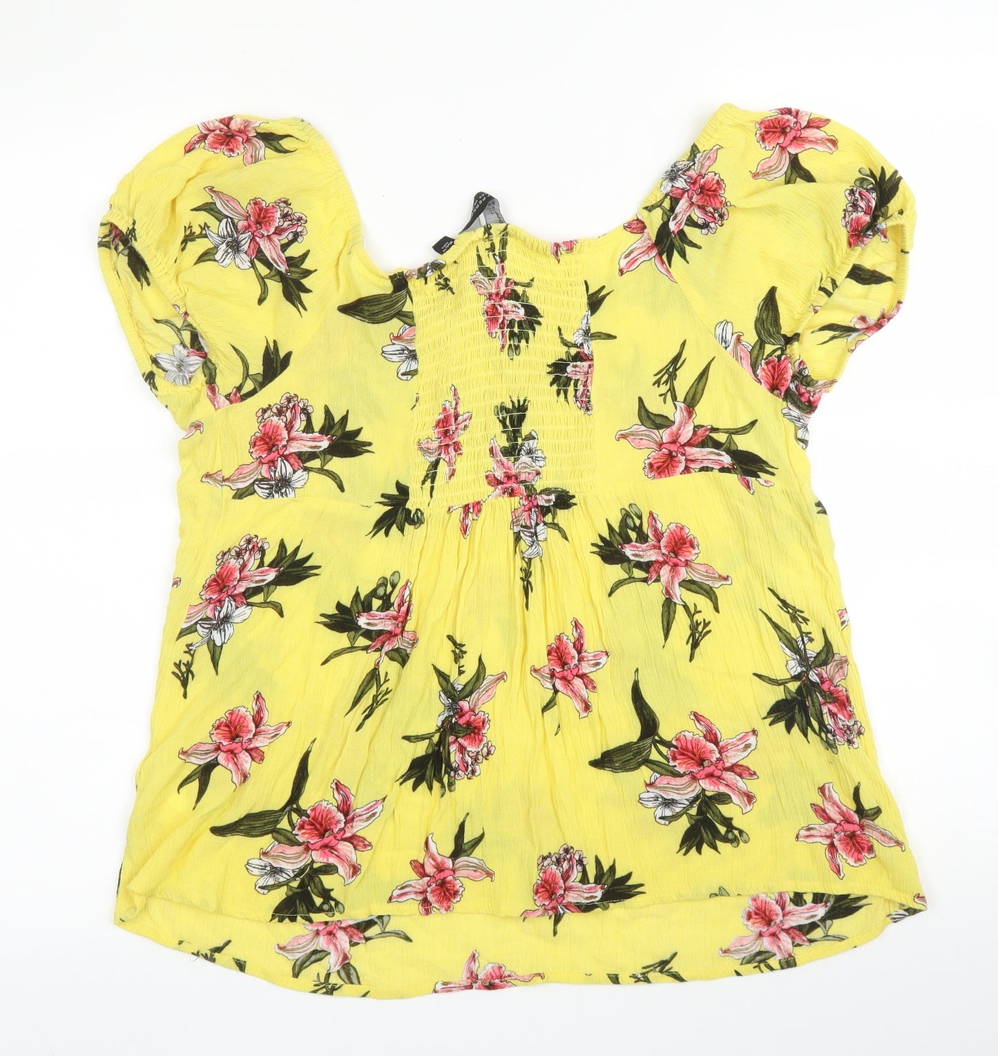 Dorothy Perkins Womens Yellow Floral Viscose Basic Blouse Size 14 Boat Neck