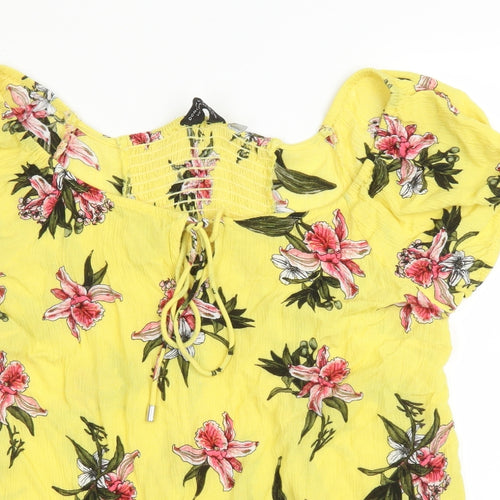 Dorothy Perkins Womens Yellow Floral Viscose Basic Blouse Size 14 Boat Neck