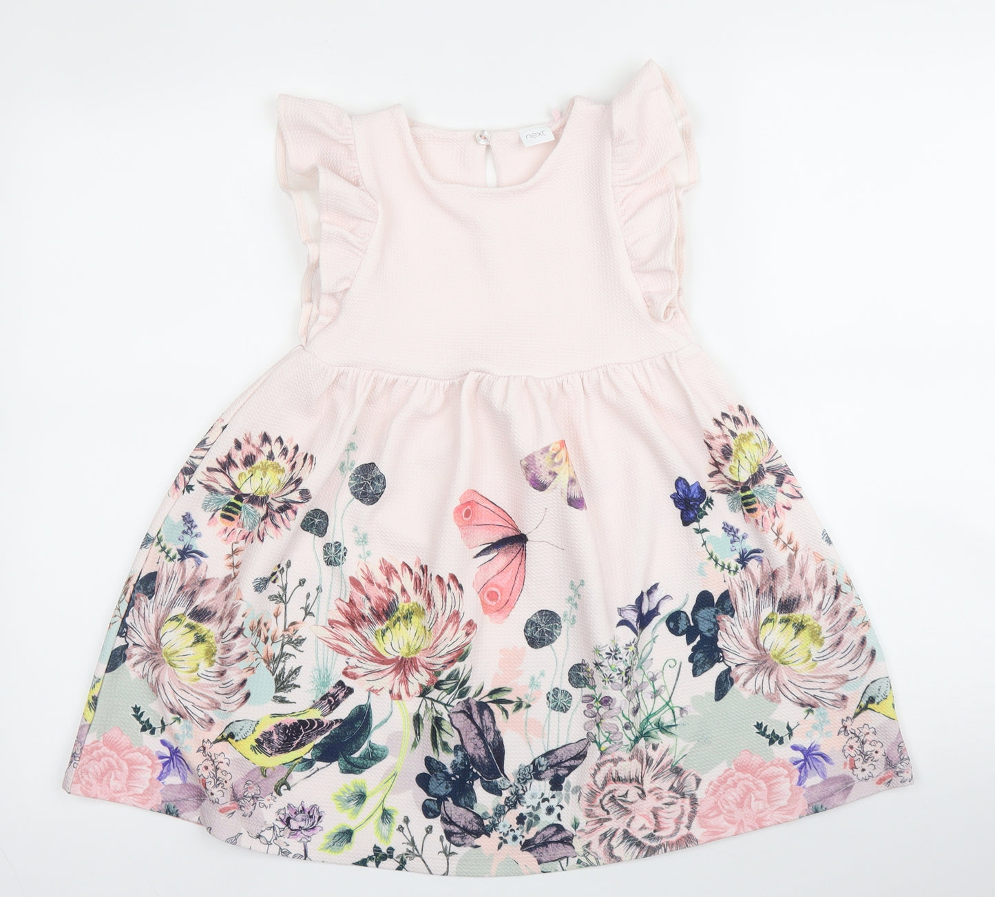 NEXT Girls Pink Floral Polyester A-Line  Size 4 Years  Round Neck Button - Butterflies