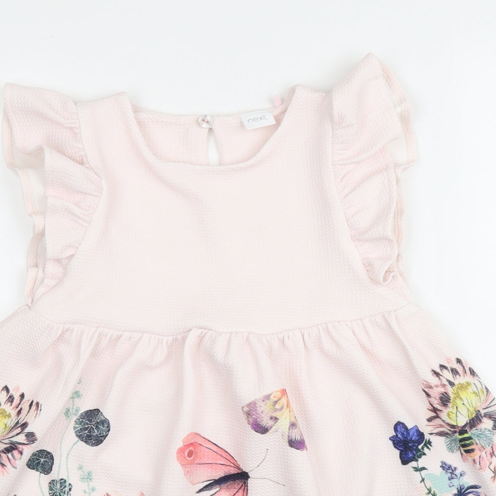 NEXT Girls Pink Floral Polyester A-Line  Size 4 Years  Round Neck Button - Butterflies