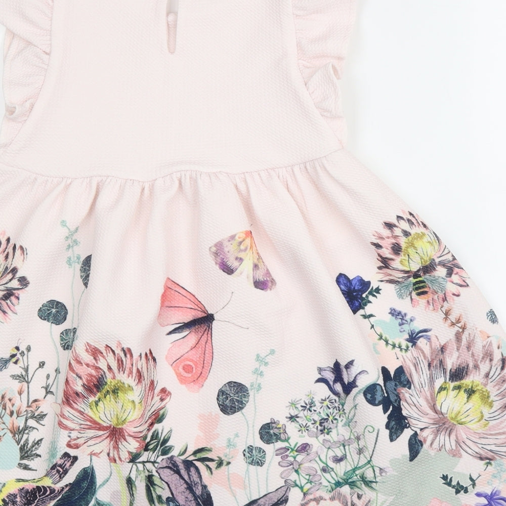 NEXT Girls Pink Floral Polyester A-Line  Size 4 Years  Round Neck Button - Butterflies