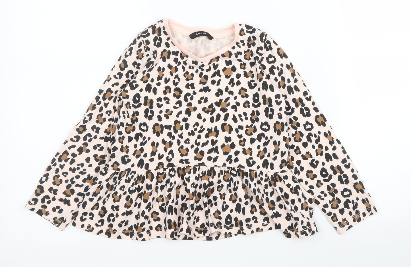 George Girls Beige Animal Print Cotton Basic Blouse Size 5 Years Round Neck  - Leopard print