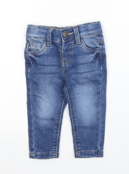 Front view of Primark girls’ blue cotton capri jeans, size 3-6, months snap