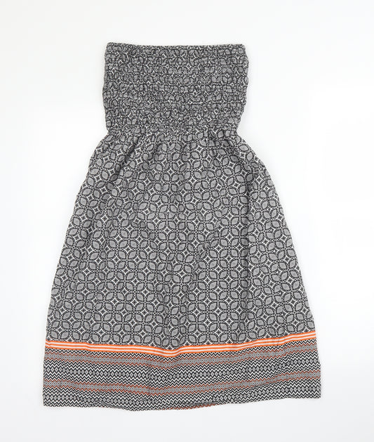 Front view of Primark women’s black geometric cotton a-line, size UK 8, off the shoulder