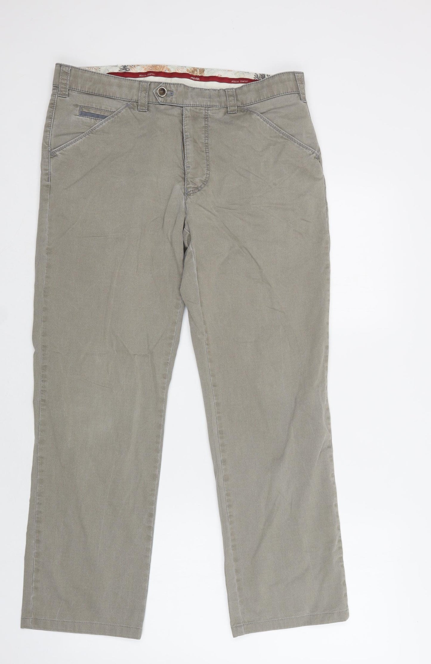 Meyer Mens Grey  Cotton Chino Trousers Size 34 L32 in Regular Button