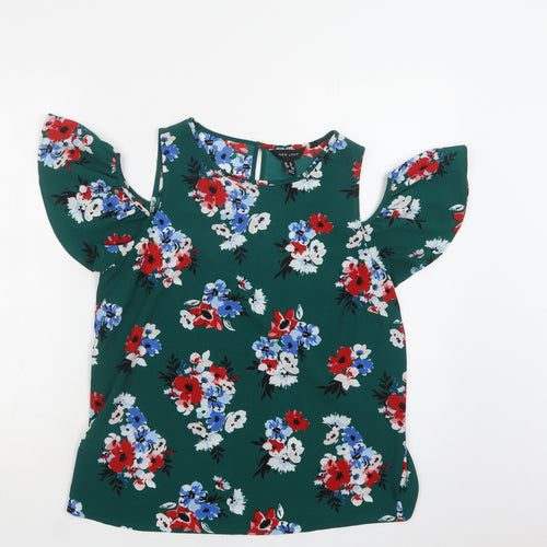 New Loik Womens Green Floral Polyester Basic Blouse Size 12 Round Neck - Cold Shoulder