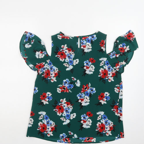 New Loik Womens Green Floral Polyester Basic Blouse Size 12 Round Neck - Cold Shoulder