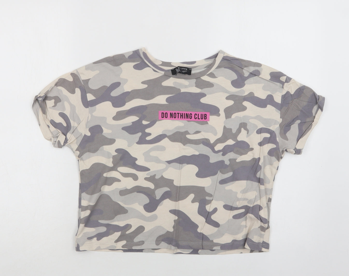 New Look Girls Grey Camouflage Cotton Cropped T-Shirt Size 14-15 Years Crew Neck